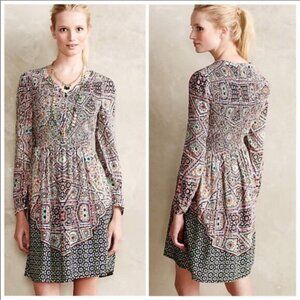 ANTHROPOLOGIE Postmark Geometric Tile Print Smocked Waist Dress Size S